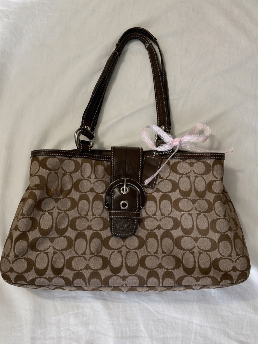 Coach Brown Signature Jacquard Shoulder Bag with Dark Leather Trim